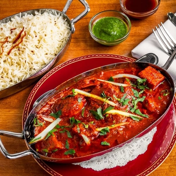 Indian chicken curry and rice in metal serving dishes with green chutney and cutlery.