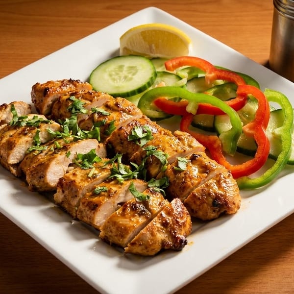 Grilled chicken breast slices with fresh cucumber, bell peppers, and a lemon wedge on a white plate.