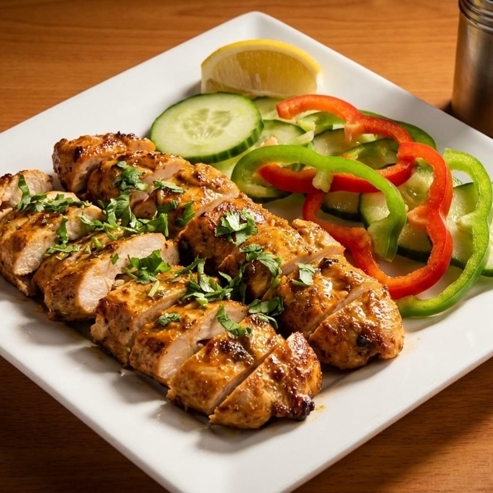 Grilled chicken breast slices with fresh cucumber, bell peppers, and a lemon wedge on a white plate.
