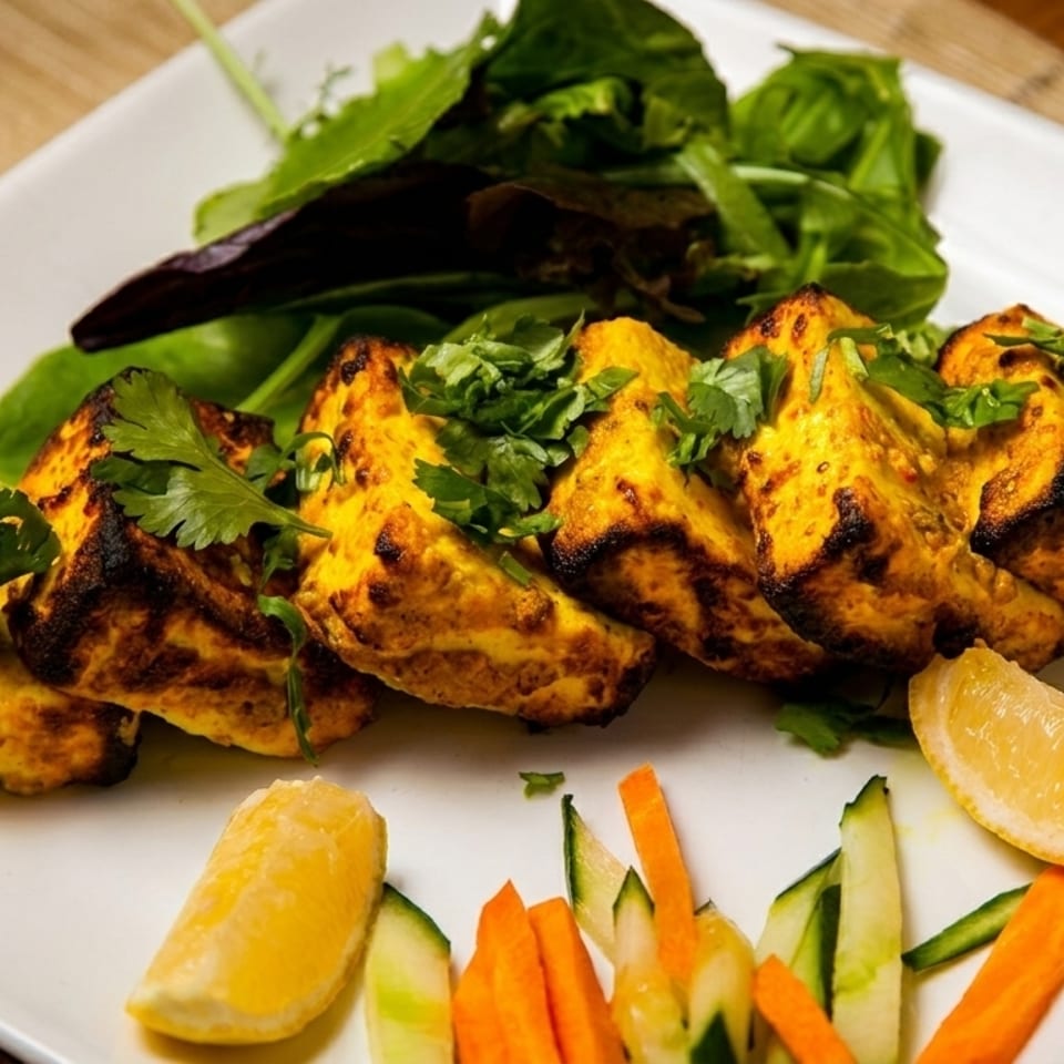 Grilled paneer cheese cubes with cilantro, a side salad, lemon, carrots, and cucumbers.